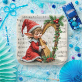 Christmas Elf Playing a Harp Papieren Bordje (Feest)
