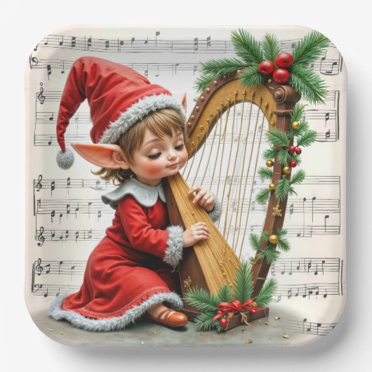 Christmas Elf Playing a Harp Papieren Bordje (Voorkant)