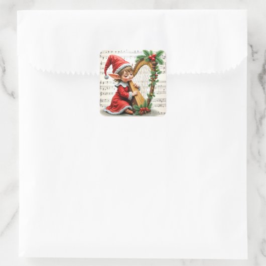 Christmas Elf Playing a Harp Vierkante Sticker (Tas)