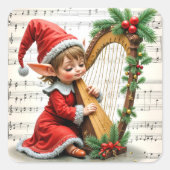 Christmas Elf Playing a Harp Vierkante Sticker (Voorkant)