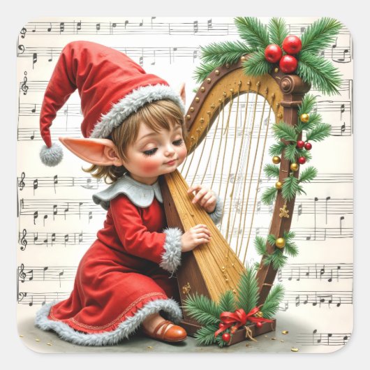 Christmas Elf Playing a Harp Vierkante Sticker (Voorkant)