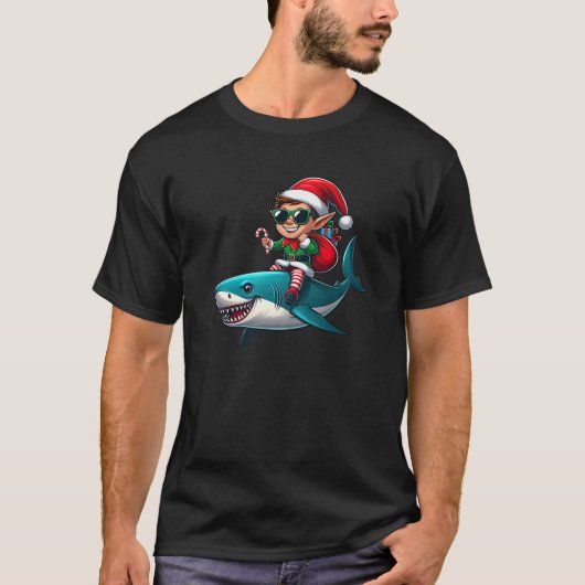 Christmas Elf Riding Shark Sunglasses Santa Hat Ca T-shirt (Voorkant)
