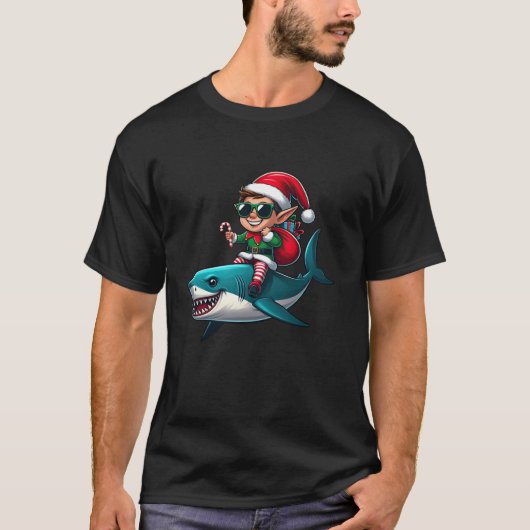 Christmas Elf Riding Shark Sunglasses Santa Hat Ca T-shirt (Voorkant)