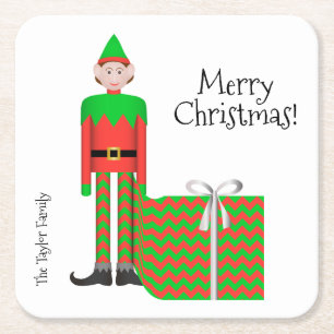 Christmas Elf Square Onderzetter -Chevron cadeaupa