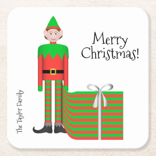 Christmas Elf Square Onderzetter -Gestreept cadeau (Voorkant)
