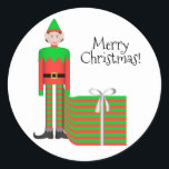 Christmas Elf Sticker - Gestreept cadeaupakket<br><div class="desc">vrolijk kerstfeest! Een ronde sticker met een kerstelf,  gestreepte uitvoering. Pas de sticker aan met uw eigen tekst en andere mogelijkheden.</div>