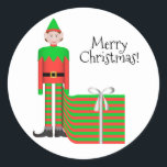 Christmas Elf Sticker - Gestreept cadeaupakket<br><div class="desc">vrolijk kerstfeest! Een ronde sticker met een kerstelf,  gestreepte uitvoering. Pas de sticker aan met uw eigen tekst en andere mogelijkheden.</div>