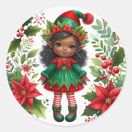 Christmas Elf With Brown Skin Holiday Ronde Sticker (Voorkant)