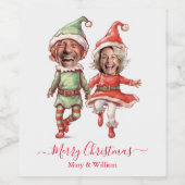 Christmas elves couple wijn etiket (Enkel label)