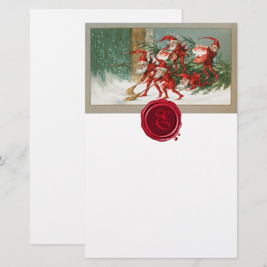 CHRISTMAS ELVES SWEEPING SNOW Wax Seal Monogram Briefpapier (Voorkant / Achterkant)