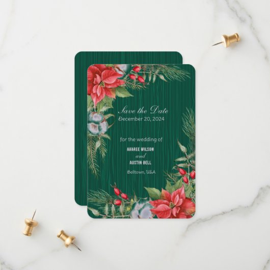 Christmas Emerald Green Poinsettia Save The Date (Voorkant / Achterkant in situ)