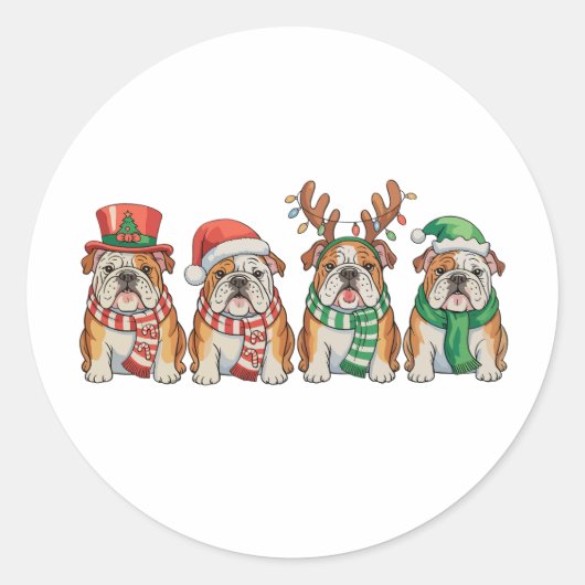 Christmas English Bulldog Dog Santa Hat Reindeer Ronde Sticker (Voorkant)