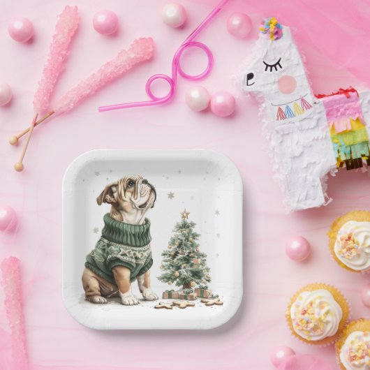 Christmas English Bulldog Kerstboom Papieren Bordje (Feest)