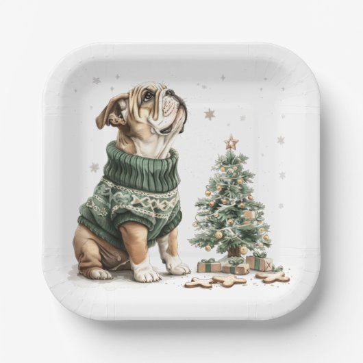 Christmas English Bulldog Kerstboom Papieren Bordje (Voorkant)