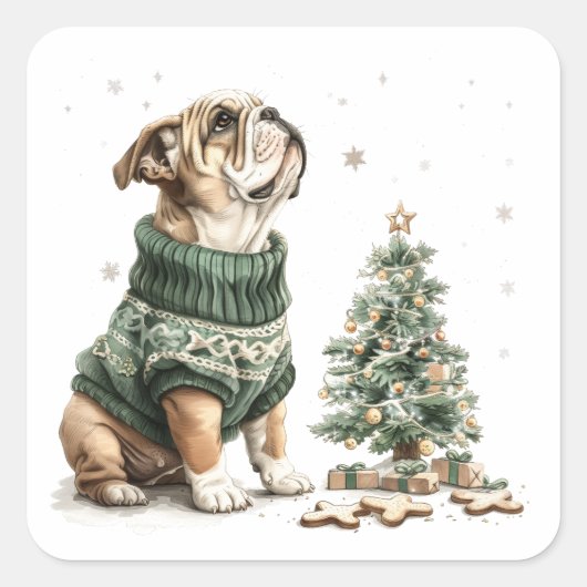 Christmas English Bulldog Kerstboom Vierkante Sticker (Voorkant)