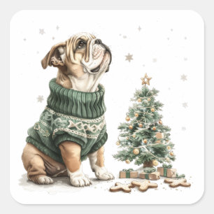Christmas English Bulldog Kerstboom Vierkante Sticker