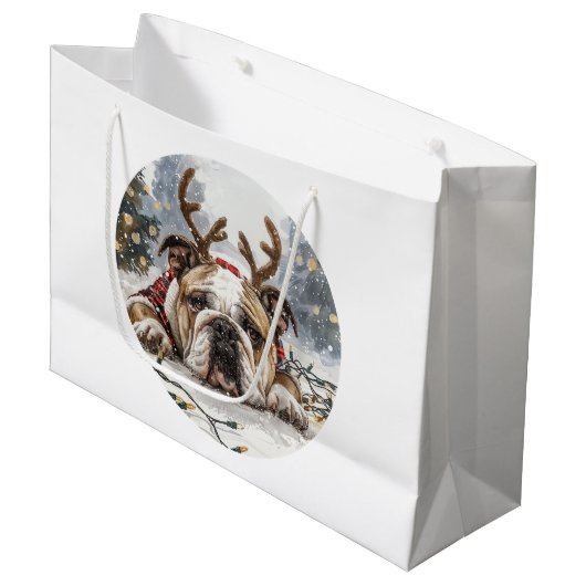 Christmas English Bulldog Reindeer Groot Cadeauzakje (Voorkant Gekanteld)