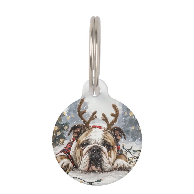 Christmas English Bulldog Reindeer Huisdierpenning (Voorkant)