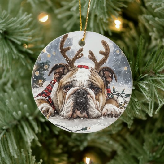 Christmas English Bulldog Reindeer Keramisch Ornament (Boom)