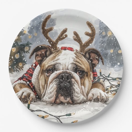Christmas English Bulldog Reindeer Papieren Bordje (Voorkant)