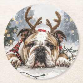 Christmas English Bulldog Reindeer Ronde Kartonnen Onderzetter