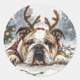 Christmas English Bulldog Reindeer Ronde Sticker