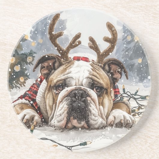 Christmas English Bulldog Reindeer Zandsteen Onderzetter (Voorkant)