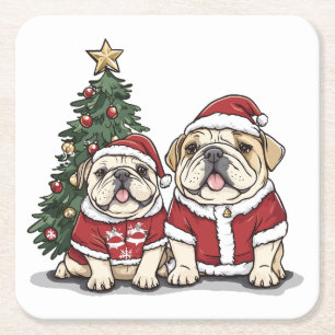 Christmas English Bulldog Santa Hats Kartonnen Onderzetters
