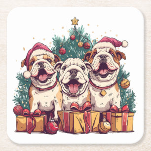 Christmas English Bulldog Santa Hats Kartonnen Onderzetters