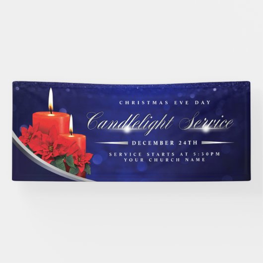 Christmas Eve Candlelight Poinsettia Blue Church Spandoek (Horizontaal)