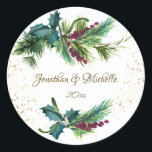 Christmas Evergreen Red Berry Winter Wedding Ronde Sticker<br><div class="desc">Elegant Christmas Wedding sticker depicts Simple Watercolor evergreen branchees adorned with holly leaves,  red berries and gold splashes. Good choice for winter and Christmas weddings.*</div>