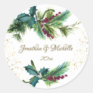 Christmas Evergreen Red Berry Winter Wedding Ronde Sticker
