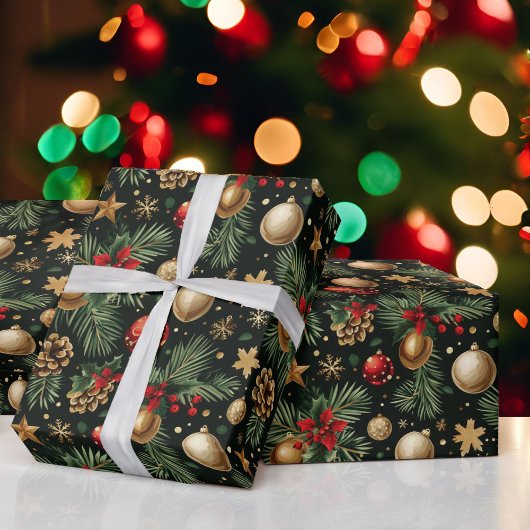 Christmas Evergreen Tree Ornamenten Red Gold Cadeaupapier
