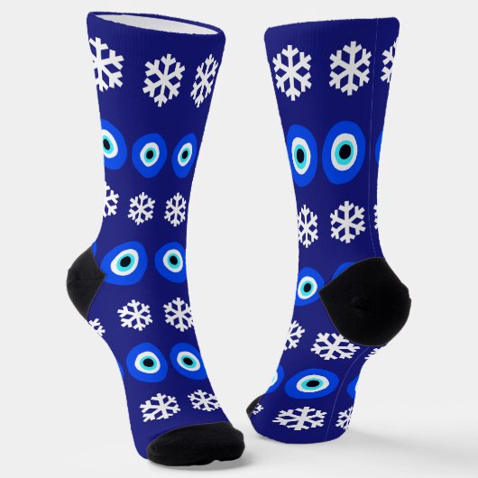 Christmas Evil Eye en sneeuwvlokken blauw patroon Sokken (Gebogen)