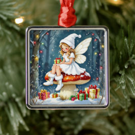 Christmas Fairy atop a Mushroom Cottage Core Metalen Ornament