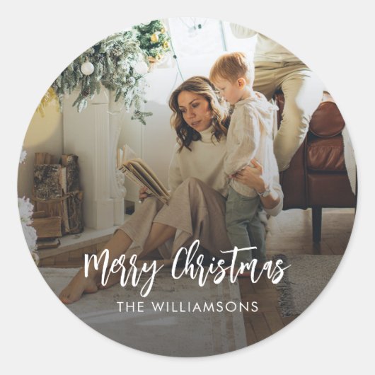 Christmas Family Fotoscript Modern Ronde Sticker (Voorkant)
