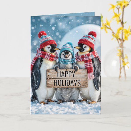 Christmas Family Penguins With a Wooden Sign Kaart (Gele Bloem)