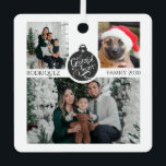Christmas Family Photo Collage Ornament<br><div class="desc">Een feestelijk 3 foto familie foto collage ornament,  met het gezin tijdens de vakantie met hun nieuwe pup. Het centrum toont een ornament van uw familie en uw nieuwe kerstpuppy. Voeg je eigen schattige foto's van het feest toe. Pas het aan met uw foto's aan beide zijden.</div>