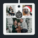 Christmas Family Photo Collage Ornament<br><div class="desc">Een feestelijk 3 foto familie foto collage ornament,  met het gezin tijdens de vakantie met hun nieuwe pup. Het centrum toont een ornament van uw familie en uw nieuwe kerstpuppy. Voeg je eigen schattige foto's van het feest toe. Pas het aan met uw foto's aan beide zijden.</div>