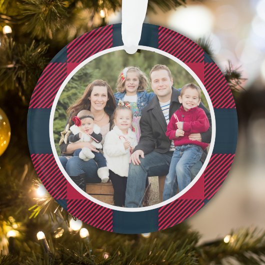 Christmas Family Photo Red and Blue Bufalo Plaid Ornament