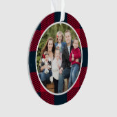 Christmas Family Photo Red and Blue Bufalo Plaid Ornament (voorkant)