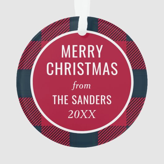 Christmas Family Photo Red and Blue Bufalo Plaid Ornament (achterkant)