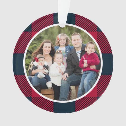 Christmas Family Photo Red and Blue Bufalo Plaid Ornament (voorkant)