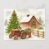 Christmas Farm Morning Red Tractor Barn Postcard Feestdagenkaart (Voorkant)
