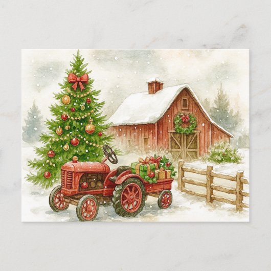 Christmas Farm Morning Red Tractor Barn Postcard Feestdagenkaart (Voorkant)