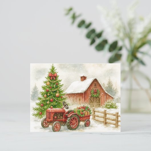 Christmas Farm Morning Red Tractor Barn Postcard Feestdagenkaart (Staand voorkant)