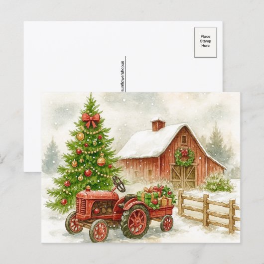 Christmas Farm Morning Red Tractor Barn Postcard Feestdagenkaart (Voorkant / Achterkant)