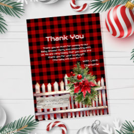 Christmas Fence Buffalo Plaid Baby Shower Bedankkaart
