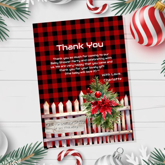Christmas Fence Buffalo Plaid Baby Shower Bedankkaart