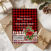 Christmas Fence Buffalo Plaid Baby Shower Kaart